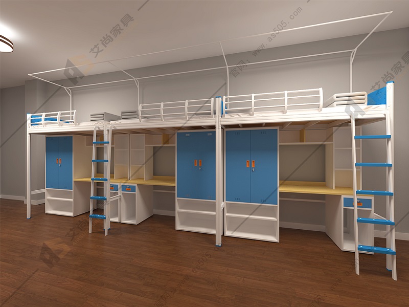 艾尚家具給客戶定制的這款大學公寓床的大有講究，米白色代表了友善，搭配淺藍色的整體家具，玩味十足，讓人心情愉快。淺藍色能讓原本不大的空間在視覺上顯得格外寬敞，使空間溫柔細膩，厚實迷人。